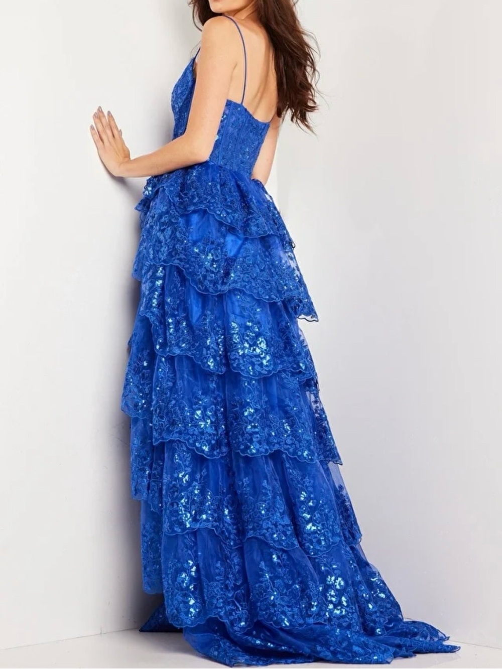 FLAWED Jovani Blue Prom Dress Sequin Corset High Slit Formal Pageant Gown, Sz 2 - Picture 5 of 14